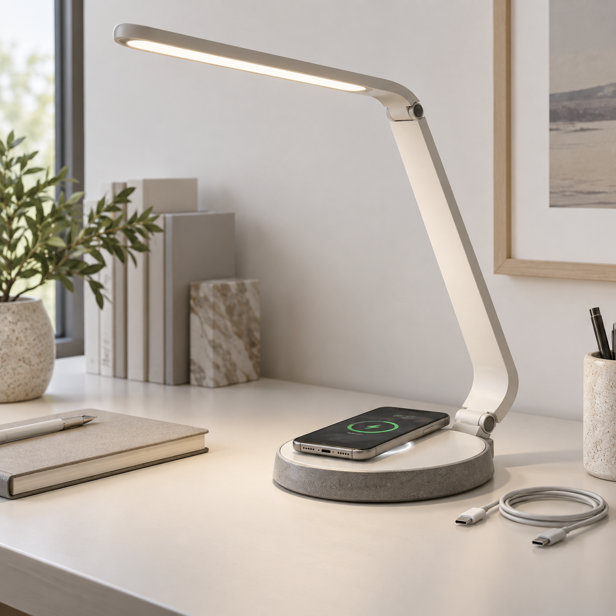 LED Desk Lamp with Wireless Charging – Adjustable Modern Task Light for Home & Office