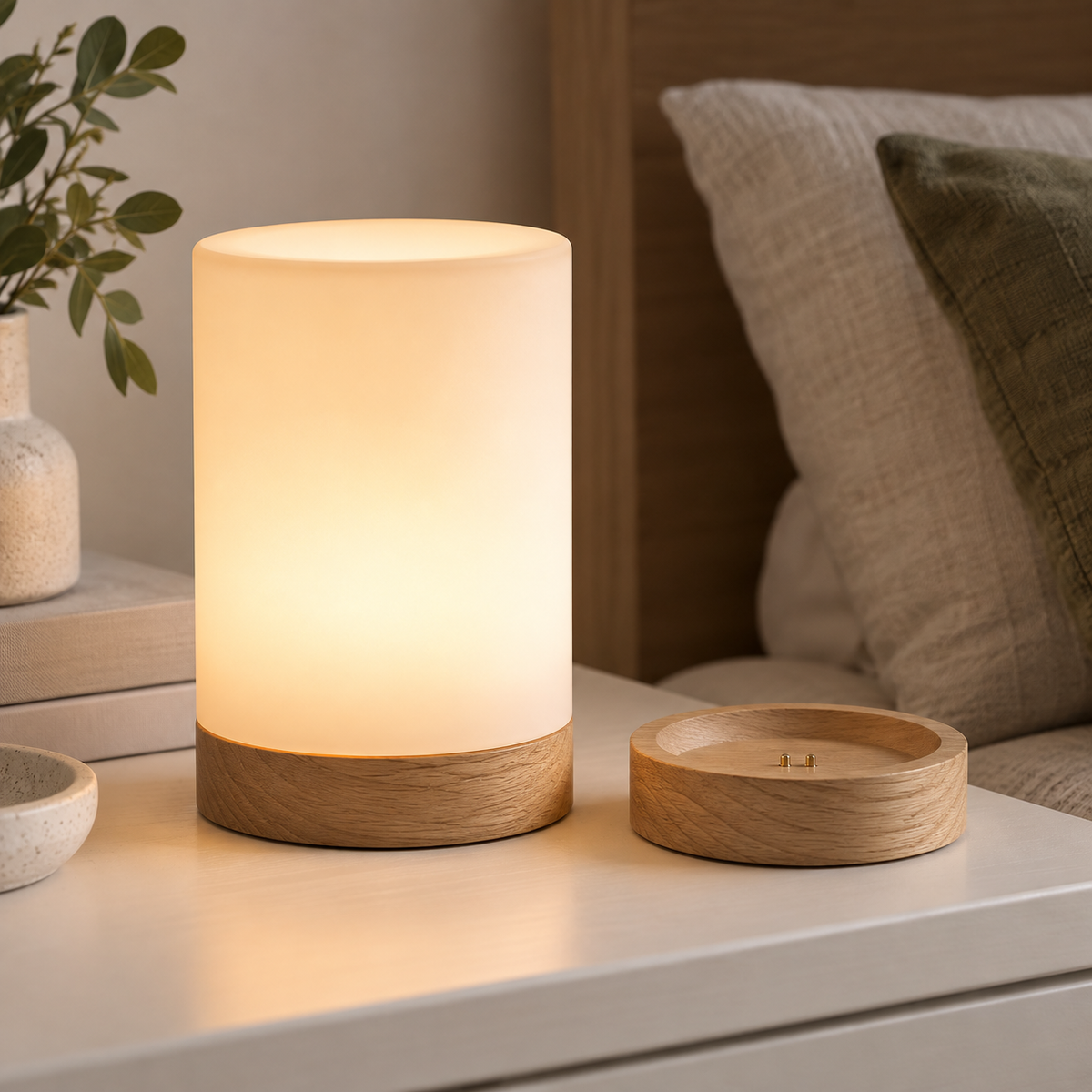 Rechargeable Touch Bedside Lamp with Charging Base – Warm LED Night Light with Wood Finish