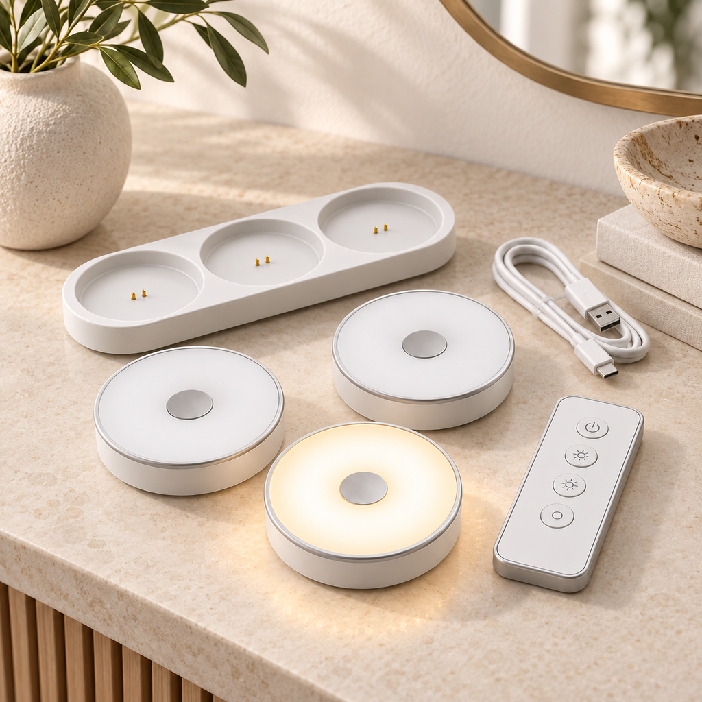 Rechargeable Wireless Puck Lights – 3-Pack LED Cabinet Lights with Charging Dock & Remote