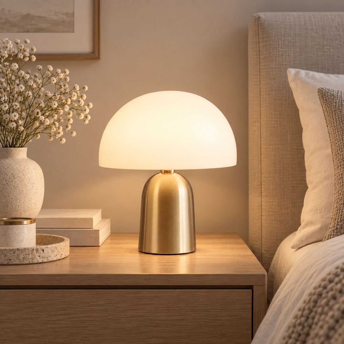Modern Cordless Mushroom Table Lamp – Warm LED Accent Light with Brushed Gold Base